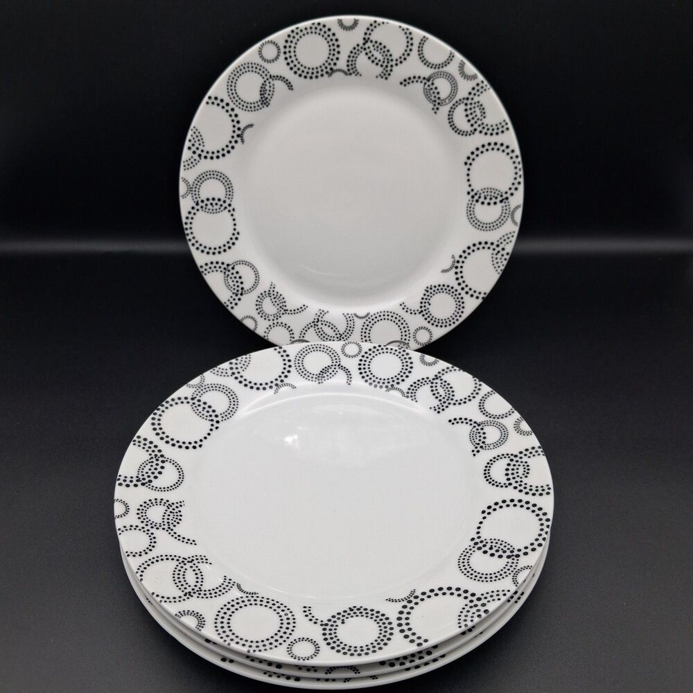 Pier 1 One ECLIPSE White Black Circles Rim Porcelain Round Salad Plates Set 4
